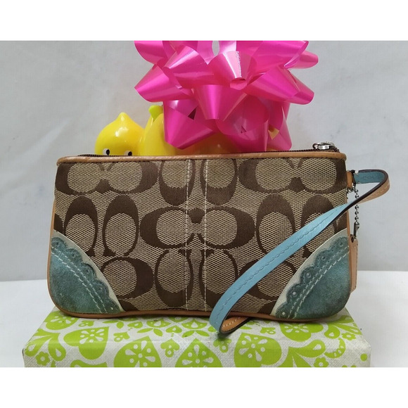 Coach Signature Brown Canvas Suede Fish Coral Reef Wristlet - Coin Wallet - Picture 2 of 13